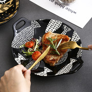 日式手绘浮雕釉下彩饭盘菜盘家用陶瓷双耳烤盘烤箱专用盘子沙拉盘