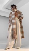 德纳韩国高端橘色格子双面，羊毛羊绒大衣围巾，两件套长款毛呢外套女