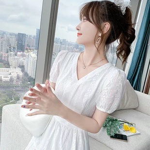 纯棉白色连衣裙女2024春夏气质，修身中长裙高级感长袖法式仙女裙子