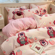 水洗棉卡通草莓熊四件套床单被套2024宿舍床上用品三件套被子被罩