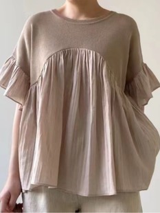 韩国chic夏季喇叭袖雪纺拼接冰丝针织上衣薄款短袖褶皱高腰娃娃衫