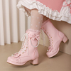 女童粉色高跟鞋儿童粗跟马丁靴，冬季加绒公主风短靴2023靴子