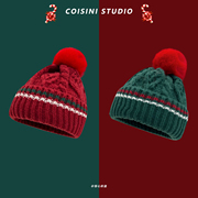 新年圣诞节礼物红色毛球毛线帽子女秋冬季保暖百搭学生护耳针织帽