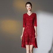 欧美宴会礼服红色连衣裙秋季2022品牌婆婆妈妈装高端大码裙子