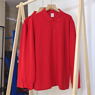 大红色长袖POLO衫春季男女同款t恤半袖翻领夏中年纯棉中国红上衣