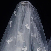 韩式珍珠奢华蕾丝盖头纱超长拖尾新娘主婚纱头饰超仙森系复古白色