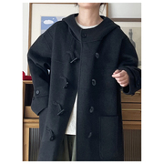 高定系列羊毛牛角扣宽松长款大衣 黑灰色休闲保暖连帽外套