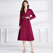 2023女装连衣裙气质显瘦西装，领玫红色中长款大衣，外套裙子长袖涤纶