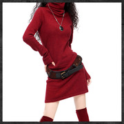 秋冬韩版女装堆堆领喇叭袖打底毛衣中长款修身显瘦套头针织衫