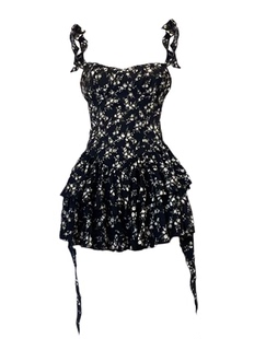 法式黑色设计感碎花吊带裙夏季纯欲小众茶歇裙收腰显瘦连衣裙