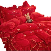 大红色床裙四件套珊瑚绒冬季结婚婚礼婚嫁床上用婚庆新婚公主风