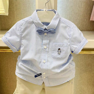 夏季男童条纹翻领，短袖衬衣领结，衬衫儿童半袖上衣