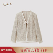 OVV春夏女装精致亚麻蕾丝V领系带撞色贴边通勤休闲外套