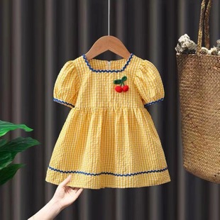 新小裙子婴儿韩版女童，连衣裙夏季儿童装格子韩系短袖公主裙子