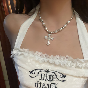 ins复古辣妹亚文化十字架珍珠水钻项链小众个性朋克男女锁骨链