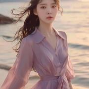 紫色衬衫连衣裙女2024夏季海边度假风气质名媛温柔绝美雪纺裙