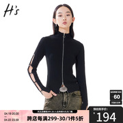 hs奥莱2022冬季女装，商场同款含羊毛，黑色镂空时髦立领针织开衫