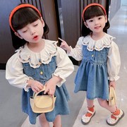 童装一件2022秋季韩版童刺绣向日葵衬衣儿童，菠萝扣牛仔裙