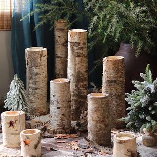 白桦木圣诞烛台装饰摆件木桩圣诞节日场景氛围布置浪漫森林主题