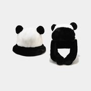 网红同款冬季可爱黑白，熊猫帽子毛绒双毛球盆帽女保暖遮阳帽潮