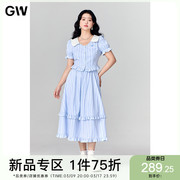 GW大码女装条纹泡泡袖套装连衣裙2024夏季微胖mm洋气两件套女