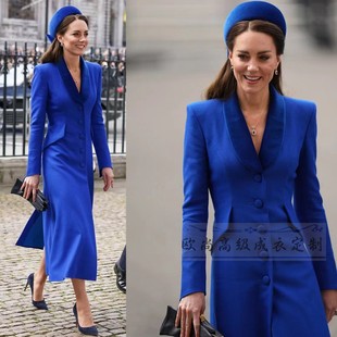 高级定制凯特王妃同款蓝色，青果领西装连衣裙外套，女长款修身英伦春