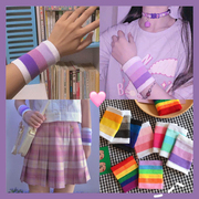 日系少女网红护腕手套百搭透气可爱粉白紫色条纹运动吸汗手腕护套