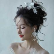 新娘时尚发饰多层珍珠花瓣发带，耳坠套装结婚影楼跟妆盘发造型