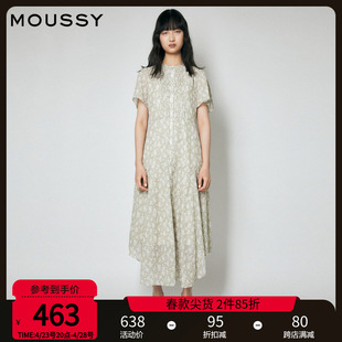 moussy奥莱 碎花单排扣长款短袖连衣裙女010FSH30-2210