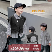韩国童装2023秋装黑白条纹儿童衬衣马甲两件套男童长袖衬衫套装潮