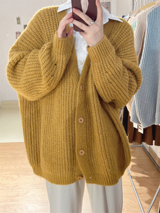 韩国粗针加厚毛衣，宽松外套纯色韩版学院，风气质开衫秋冬保暖针织衫