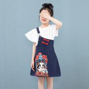 亲子装夏装套装裙2023夏季中国风母女装纯棉短袖背带裙两.