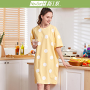 新一系(新一系)睡裙女夏季纯棉印花波点短袖，连衣裙中年妈妈宽松大码睡衣