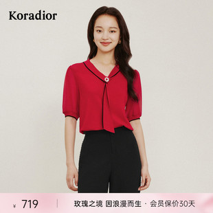珂莱蒂尔女装2024春季通勤百搭法式优雅红色针织衫飘带设计感