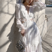 西双版纳度假白色长袖连衣裙夏女三亚海边超仙沙滩拍照好看的裙子