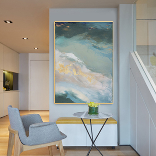 手绘抽象油画客厅现代简约金箔，绿色美式大幅背景玄关客厅装饰画
