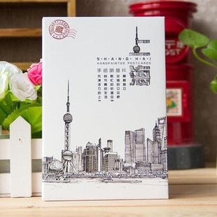 上海手绘素描明信片中国风景纪念特色钢笔手绘贺卡礼物12张套