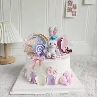 星黛露蛋糕装饰紫色毛绒兔子摆件粉色狐狸玩偶兔兔女孩生日装扮