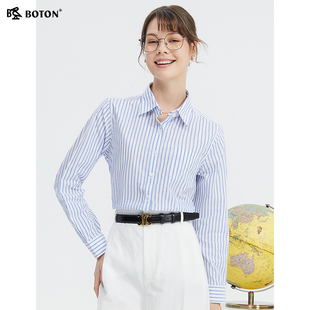 波顿女士蓝白色宽条纹衬衫2024春夏美式休闲高端长袖衬衣