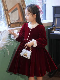 酒红色公主裙小女孩生日，法式秋季小众女童，连衣裙长袖花童日常礼服