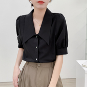 黑色衬衫女中袖设计感小众职业装法式复古泡泡袖上衣短袖夏季衬衣