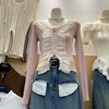 时尚韩版设计感长袖单排扣V领蕾丝花边短款修身显瘦针织衫上衣女