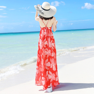 露背沙滩裙海边度假仙女，雪纺高腰吊带连衣裙夏季泰国波西米亚长裙