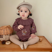 韩版宝宝春秋装纯棉毛衣连体衣，套装婴儿公主荷叶，领三角包屁衣爬服