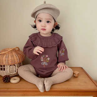 韩版宝宝春秋装纯棉毛衣，连体衣套装婴儿，公主荷叶领三角包屁衣爬服