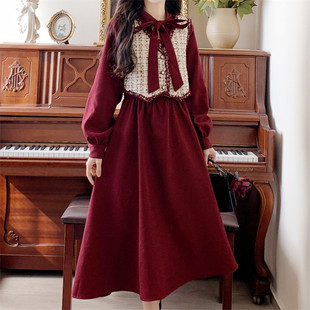 小香风马甲红色连衣裙两件套女秋冬大码法式复古灯芯绒，打底长裙子