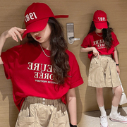 女童红色短袖T恤2023夏装韩版炸街中大童宽松纯棉半袖上衣潮