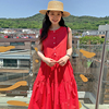 韩国chic夏季法式简约圆领，单排扣宽松层次感无袖背心连衣裙长裙女