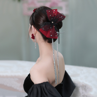 新娘头饰玫瑰花颈链时尚气质，结婚礼服红色蝴蝶结发夹敬酒服发饰品