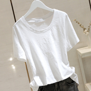 白色短袖t恤女圆领2023夏季韩版宽松显瘦竹节，棉半袖上衣ins潮